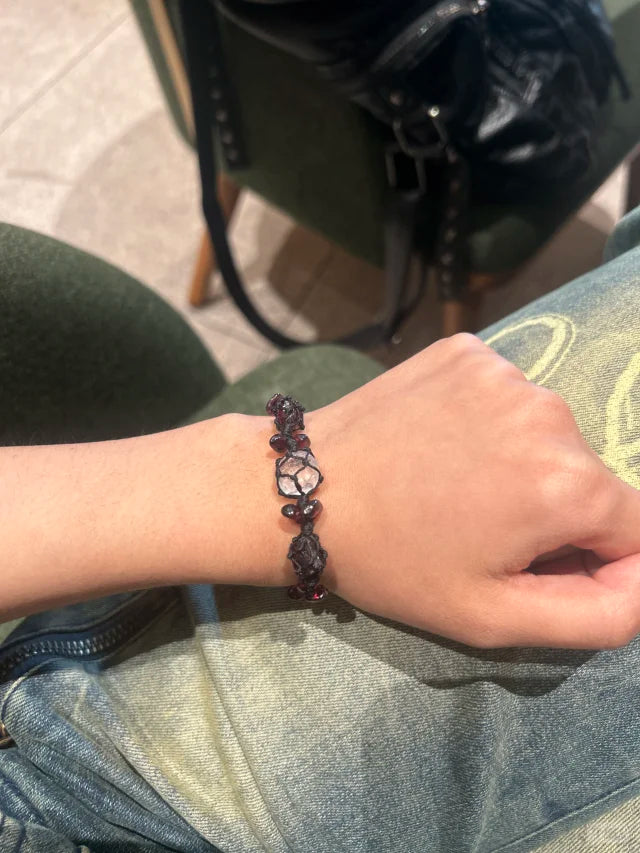 Garnet white crystal raw stone woven bracelet