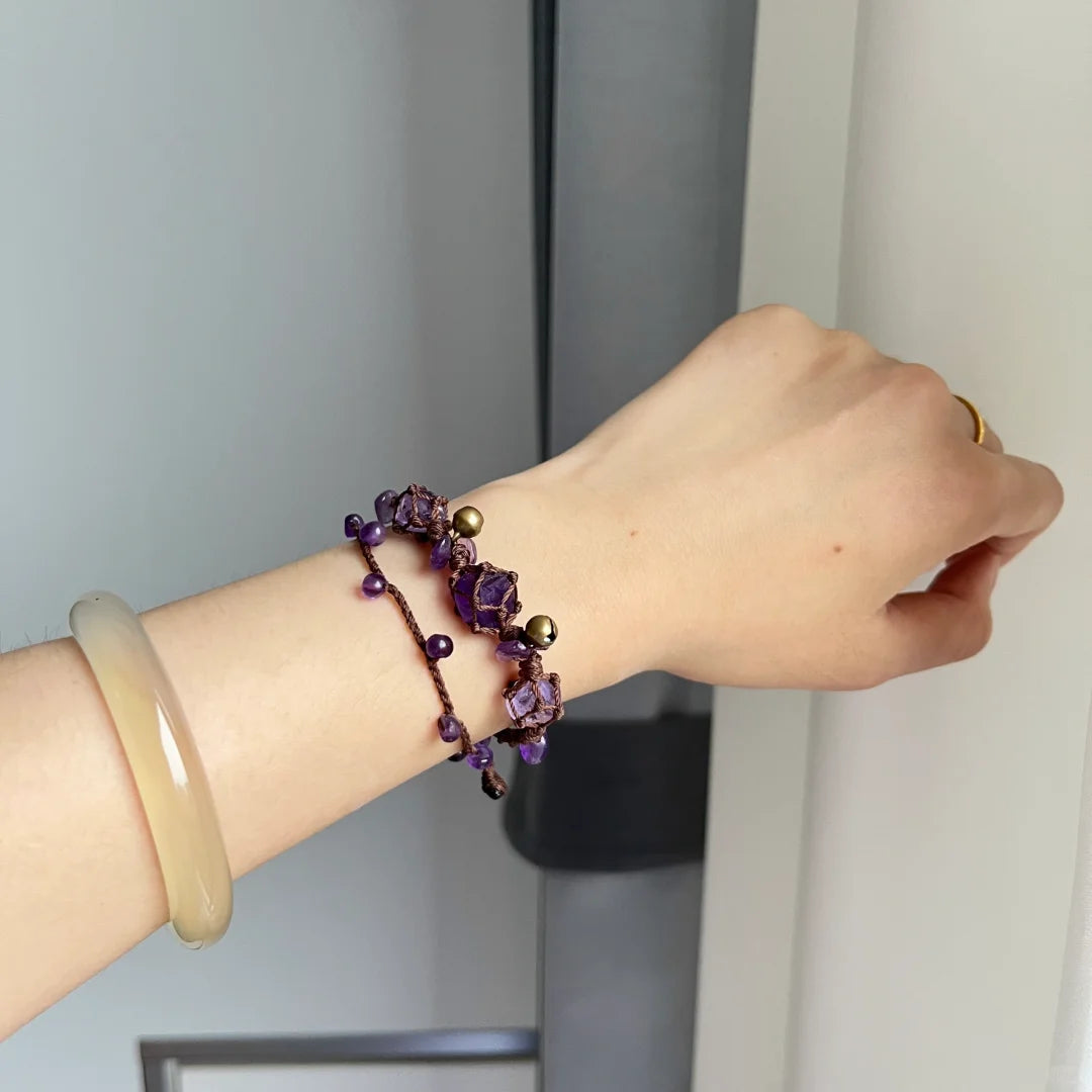 Purple rhyme amethyst raw stone woven bracelet