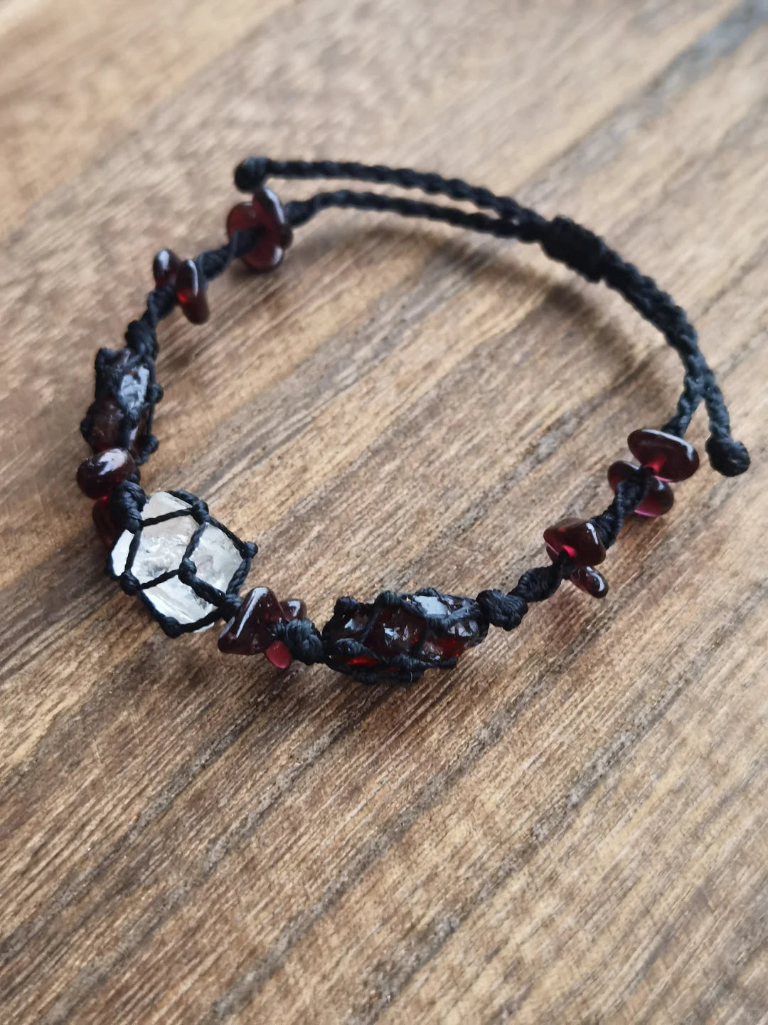 Garnet white crystal raw stone woven bracelet