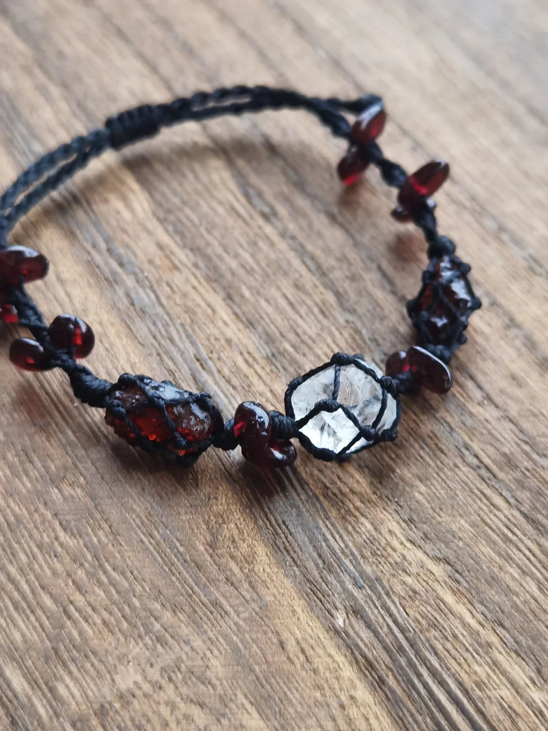 Garnet white crystal raw stone woven bracelet