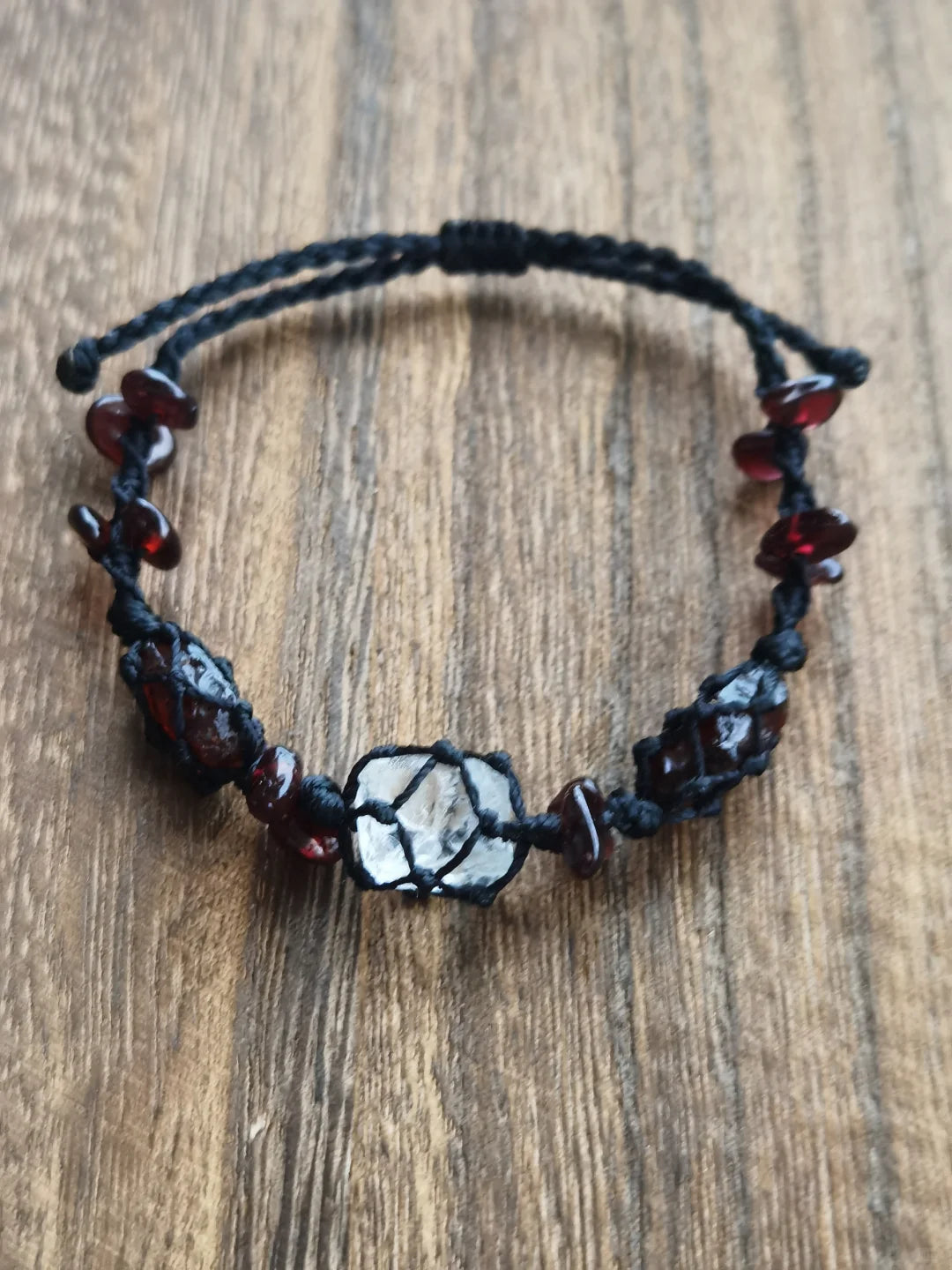 Garnet white crystal raw stone woven bracelet