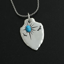 Load image into Gallery viewer, Silver jhandmade eagle turquoise shield feather pendant

