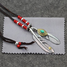 Load image into Gallery viewer, Silver retro feather pendant glass beads deerskin rope necklace
