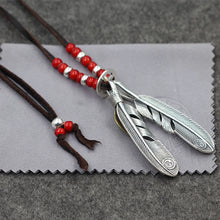 Load image into Gallery viewer, Silver retro feather pendant glass beads deerskin rope necklace
