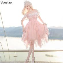 Load image into Gallery viewer, Lolita Princess OP Dress Women Elegant Sweet Rose Lace Pearl Chain Pink
