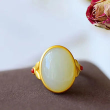 Load image into Gallery viewer, Natural Hetian Jade Ring Women&#39;s S925 Sterling Silver Inlaid White Jade Ruyi Embellished South Red Gilding Craft Simple Opening
