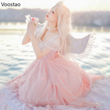 Load image into Gallery viewer, Lolita Princess OP Dress Women Elegant Sweet Rose Lace Pearl Chain Pink
