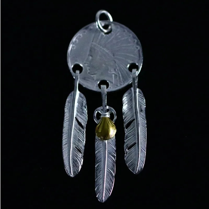 Silver Jewelry Handcrafted Chieftain Portrait Three Feather Pendant