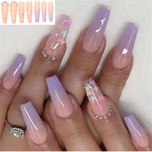 Load image into Gallery viewer, Purple Pink Ombre Rhinestone Fake Nails Coffin Ballerina Ladies Fingernails Natural Long French Gradient Press On False Nails
