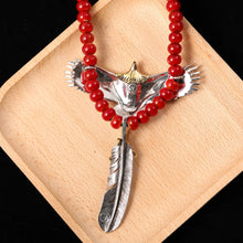 Load image into Gallery viewer, Silver Silver Retro Red Glass Beads Deerskin Rope Necklace Flying Eagle Brass Claw Pendant
