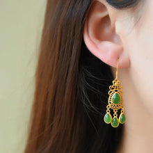 Load image into Gallery viewer, Natural Hetian Jade Green Jade Vintage Earrings Female Temperament Long Sterling Silver Earrings Elegant and Ethnic Style
