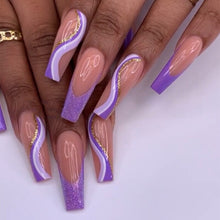 Load image into Gallery viewer, Purple Pink Ombre Rhinestone Fake Nails Coffin Ballerina Ladies Fingernails Natural Long French Gradient Press On False Nails
