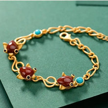Load image into Gallery viewer, Original S925 Sterling Silver Gold Natural South Red Agate Green Goddess with Creative Small Fish Goldfish Ladies Bracelet
