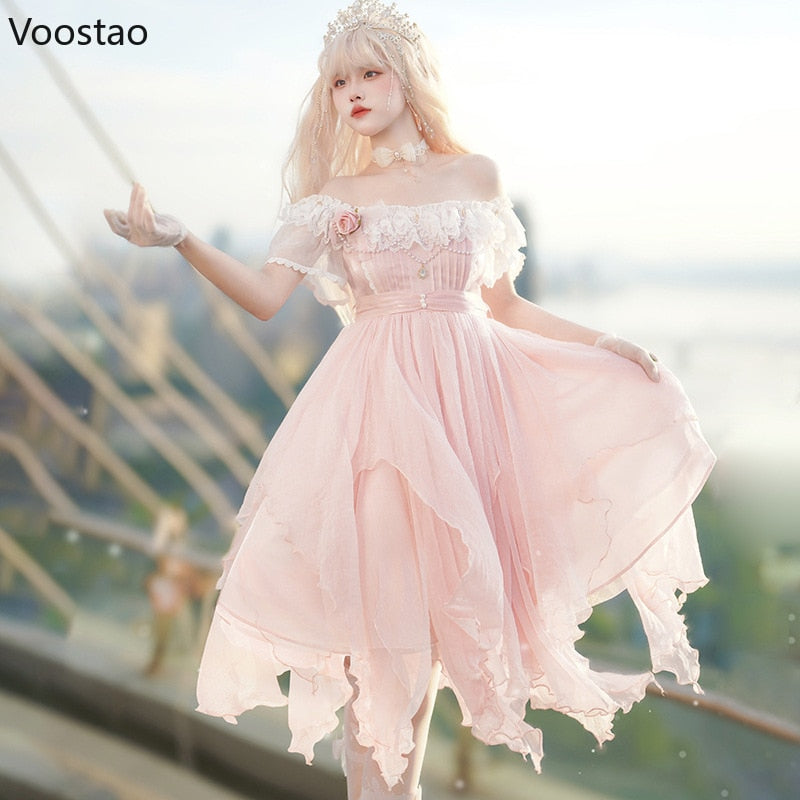 Lolita Princess OP Dress Women Elegant Sweet Rose Lace Pearl Chain Pink