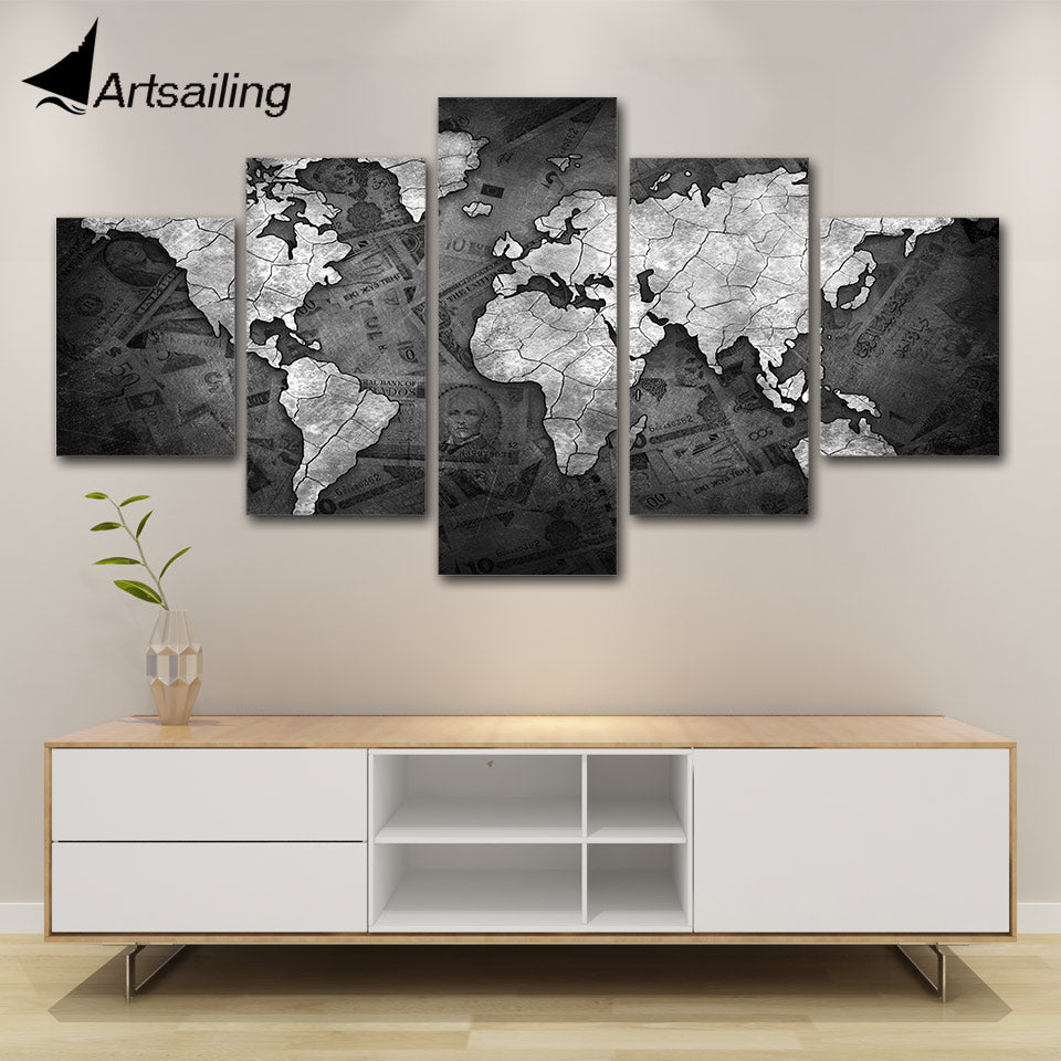5 Piece canvas  black and white world map painting HD pictures wall art Home Decoration for Living Room poster