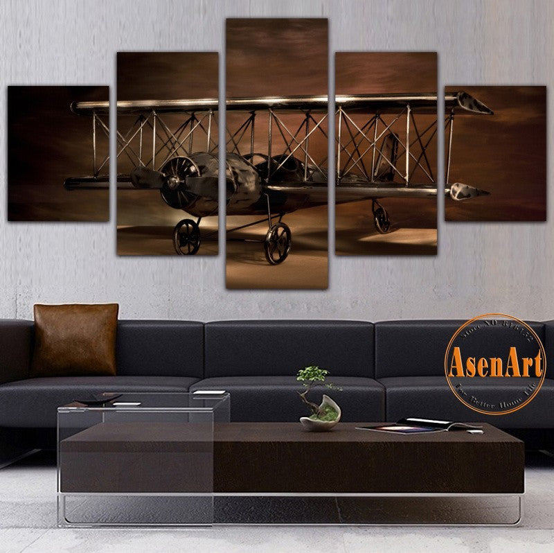 5 Panel Painting Airplane Aircraft Model Biplane Wall Art Canvas Prints Modern Artwork Wall Pictures for Living Room Unframed