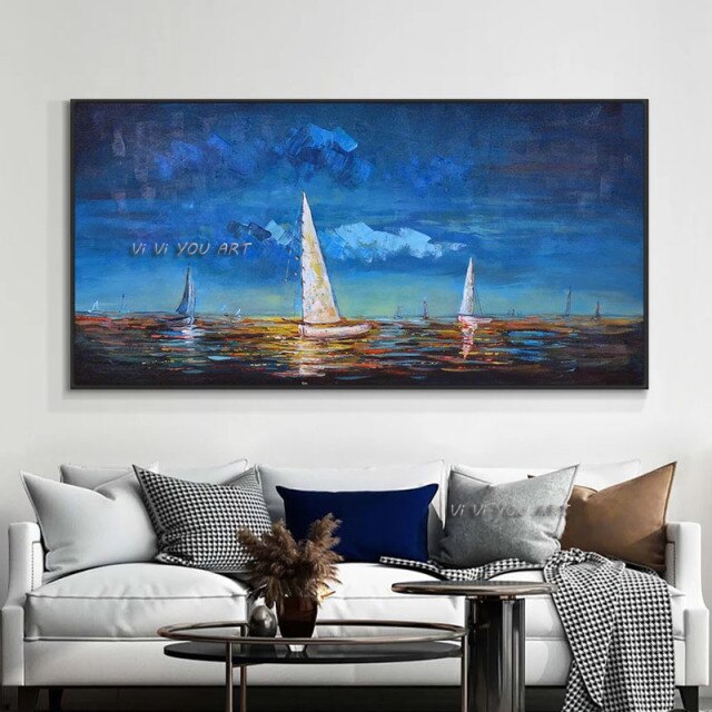 100% Handmade Painted Abstract Texture Sailboats On The Sea Oil Painti ...