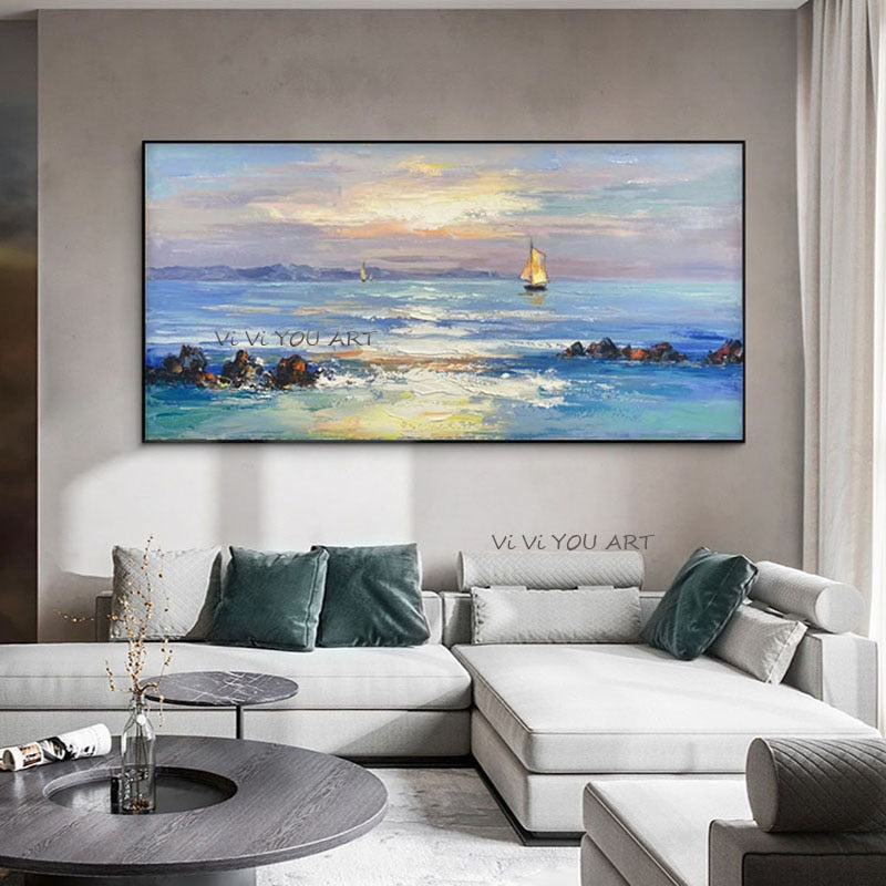 100% Hand Painted Abstract Seascape Oil Paintings Wall Art Canvas Pain ...