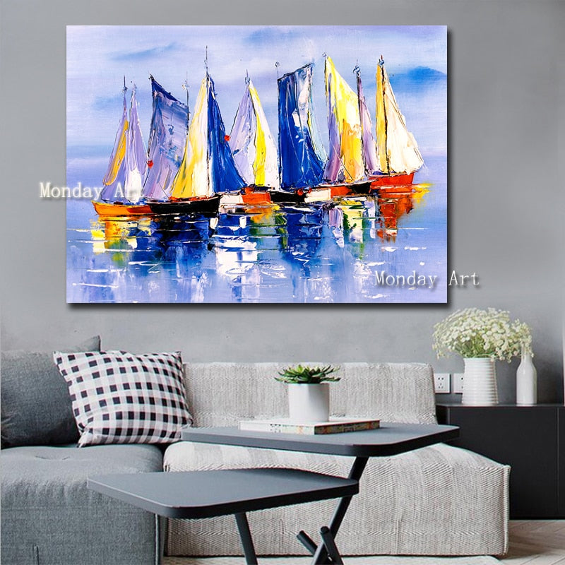 Large Size Hand Painted Abstract sailboat Oil Painting On Canvas landscape painting Wall Picture Living Room Bedroom Home Decor