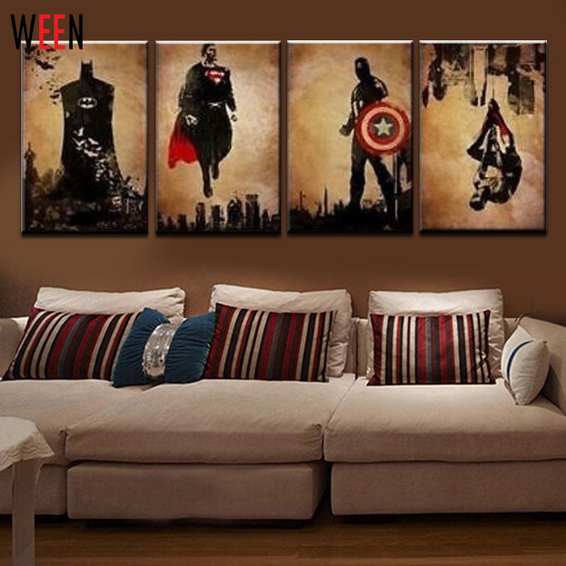 4 Pieces Superhero Hand Painted Canvas Oil Paintings Modern Abstract W ...