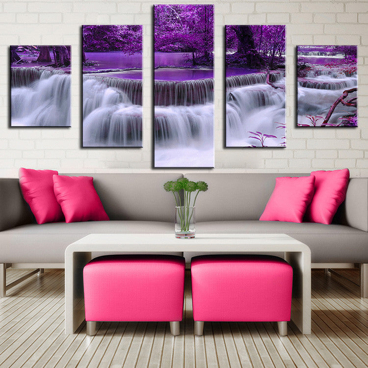COLOR NO FRAME 5pcs purple waterfall Oil Painting Printed Painting Oil ...